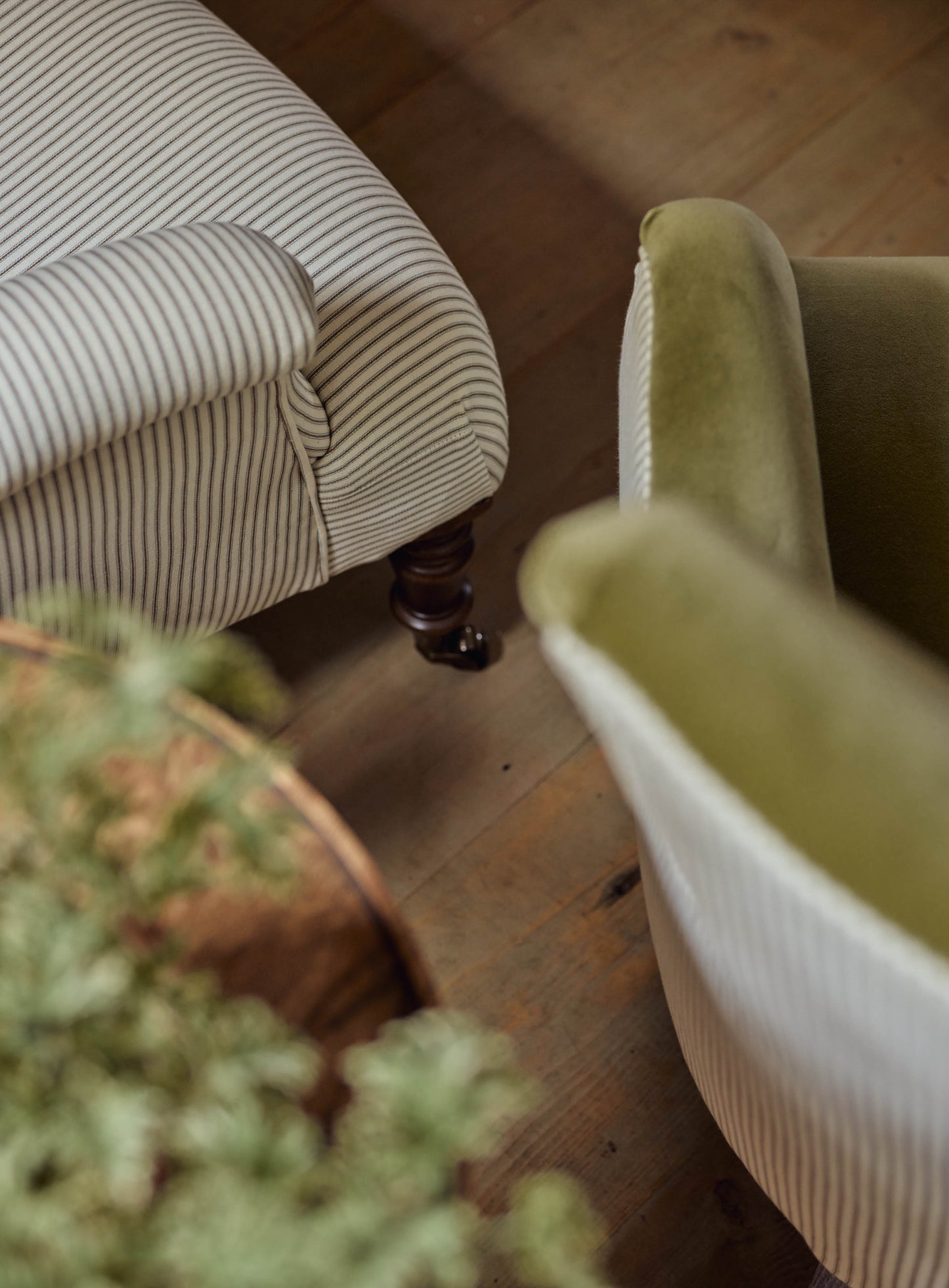 Fauteuil à oreilles Bromley, velours sauge et rayures héréditaires couleur taupe