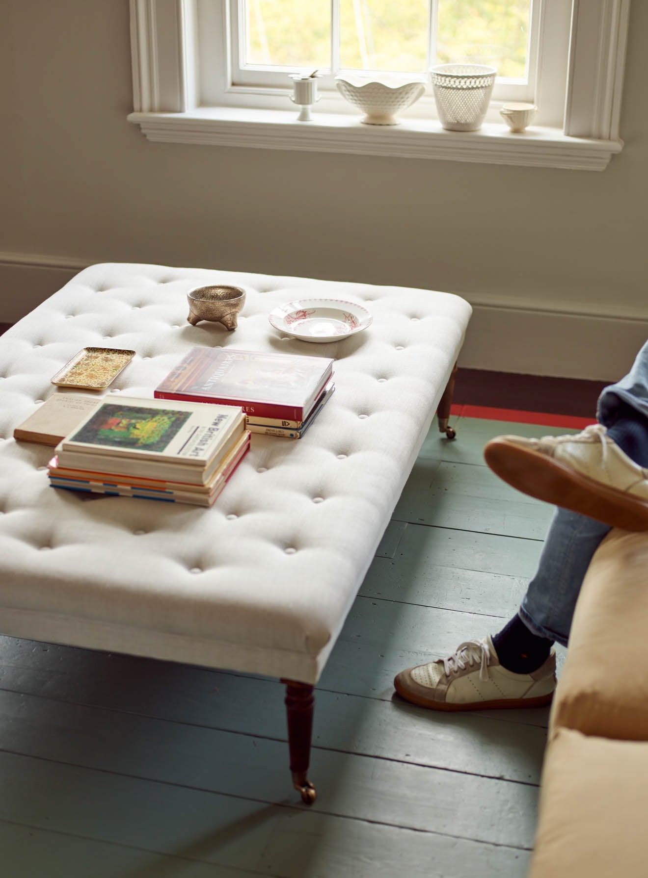 Tabouret Freyer, rectangulaire, lin écru